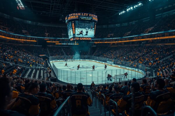 Packed NHL hockey playoff arena during Stanley Cup playoff Game 4 between Buffalo Sabres and Boston Bruins
