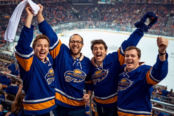 Buffalo Sabres fans celebrating in upper deck of NHL playoff arena