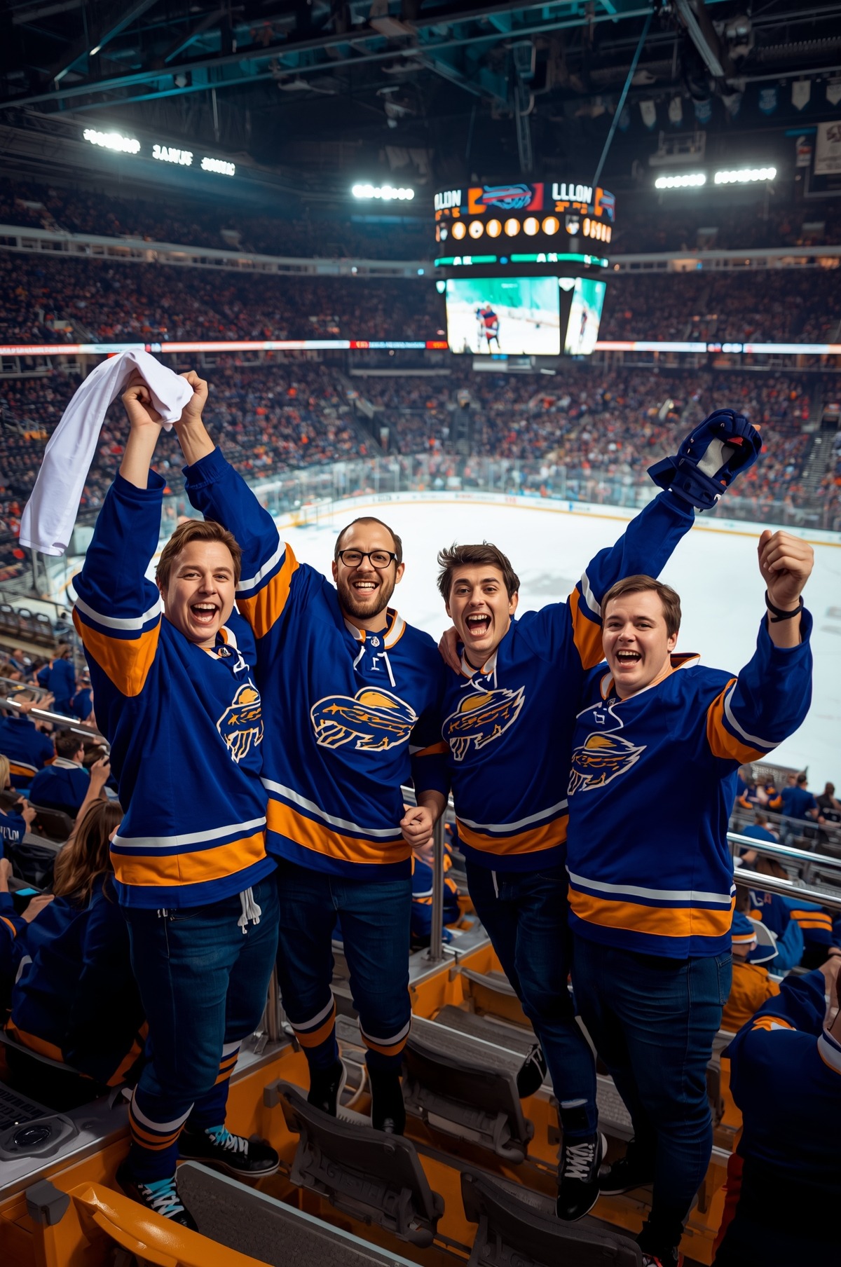 Buffalo Sabres fans celebrating in upper deck of NHL playoff arena