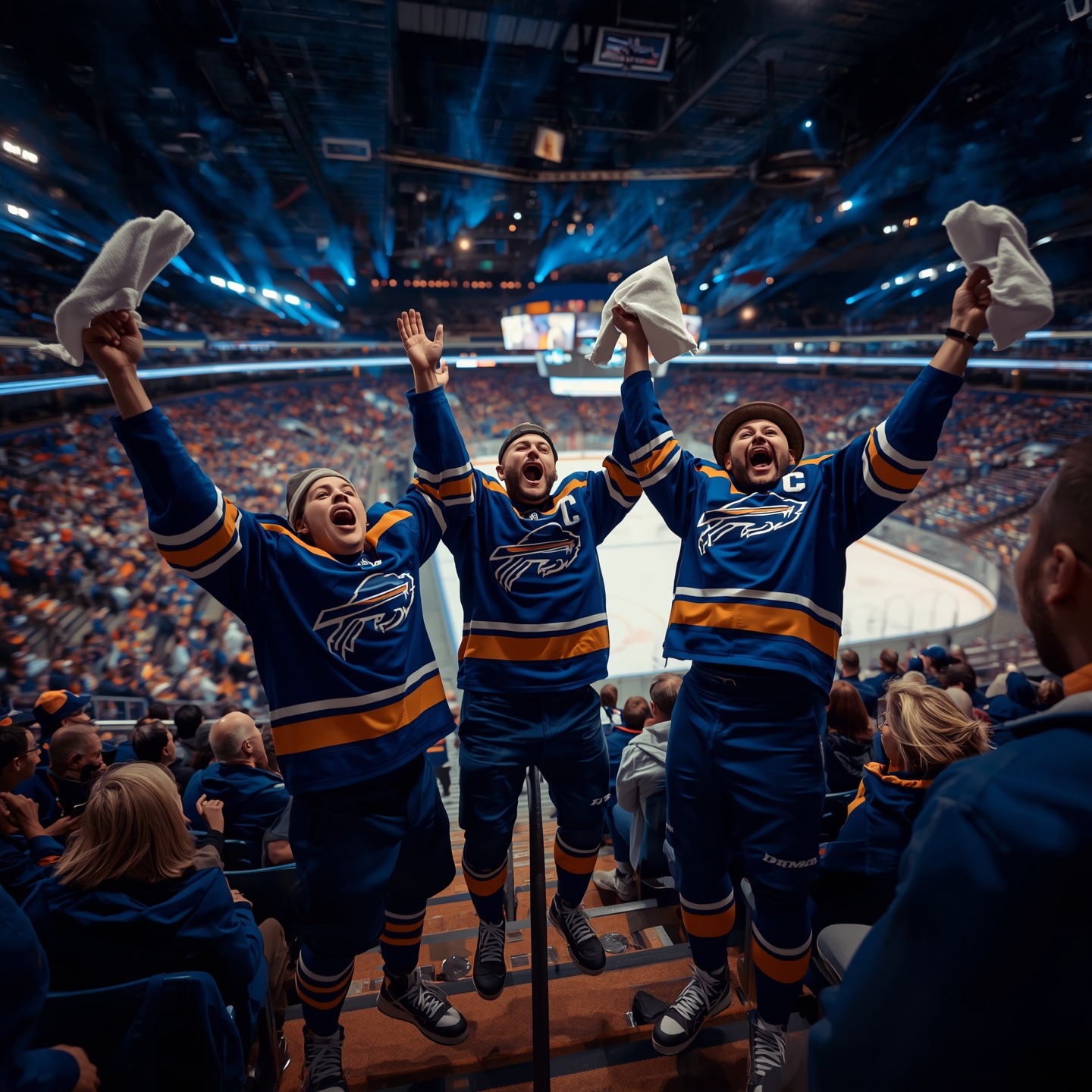 Buffalo Sabres fans celebrating playoff Game 4 win with arms raised