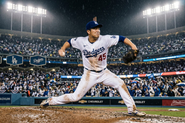 Shohei Ohtani pitching for the Los Angeles Dodgers at Dodger Stadium in his 2026 season debut