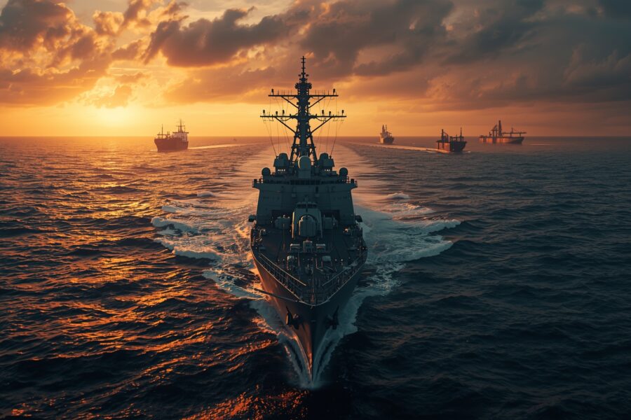 Naval warship in the Strait of Hormuz at golden hour with oil tankers in background