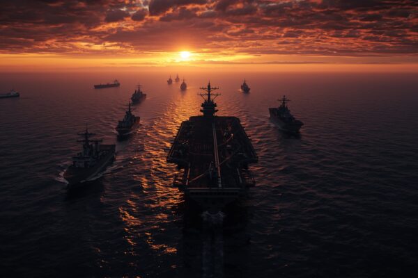US Navy fleet blockading the Strait of Hormuz at sunset
