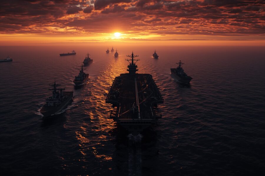 US Navy fleet blockading the Strait of Hormuz at sunset