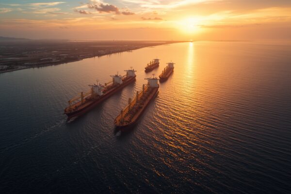 Aerial view of oil tankers near the Strait of Hormuz at sunset