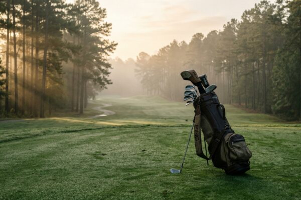 Empty golf course on a misty morning with abandoned golf clubs on the fairway
