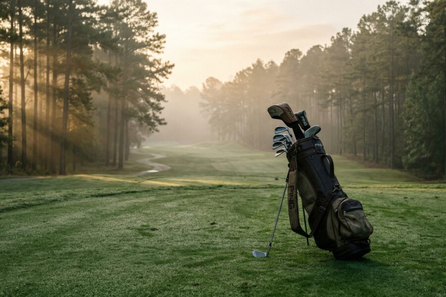 Empty golf course on a misty morning with abandoned golf clubs on the fairway