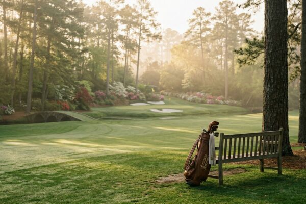 Empty golf course at Augusta National with abandoned golf bag, representing Tiger Woods stepping away from golf