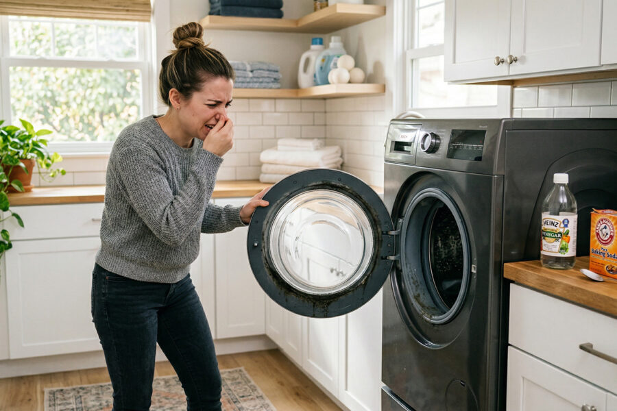 Person opening a smelly front-load washing machine with vinegar and baking soda on the counter in a bright modern laundry room