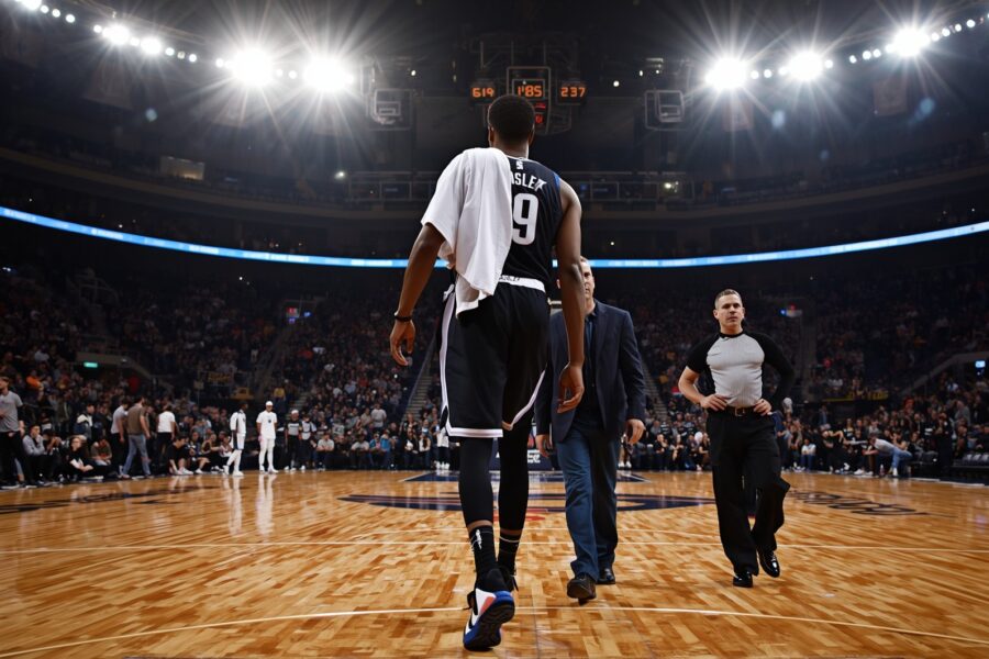 NBA playoff basketball arena with silhouetted star player walking off court with medical trainer after concussion injury