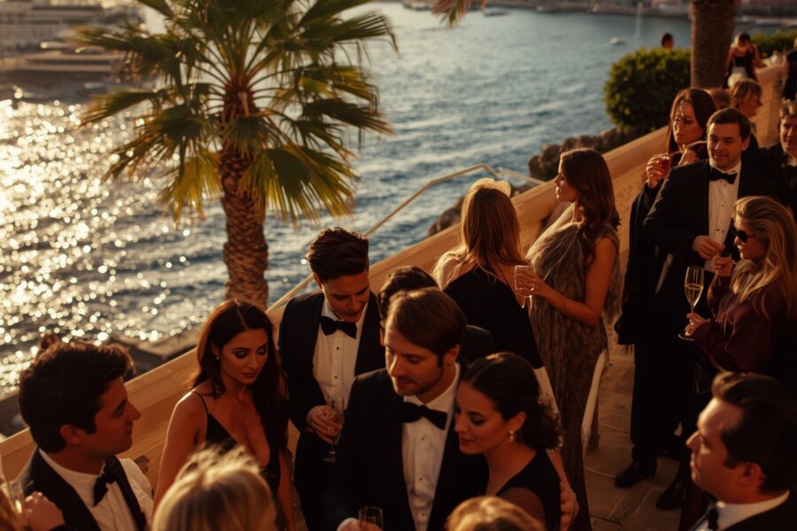 Photorealistic editorial scene of an elegant Cannes Film Festival evening cocktail party on the French Riviera at golden hour, with palm trees and Mediterranean sea, illustrating The White Lotus Season 4 setting