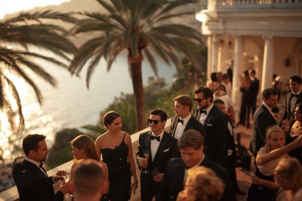 Photorealistic editorial scene of an elegant Cannes Film Festival evening cocktail party on the French Riviera at golden hour, with palm trees and Mediterranean sea, illustrating The White Lotus Season 4 setting