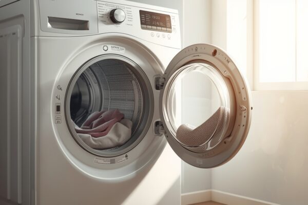 Modern laundry room with open clothes dryer showing damp clothes inside