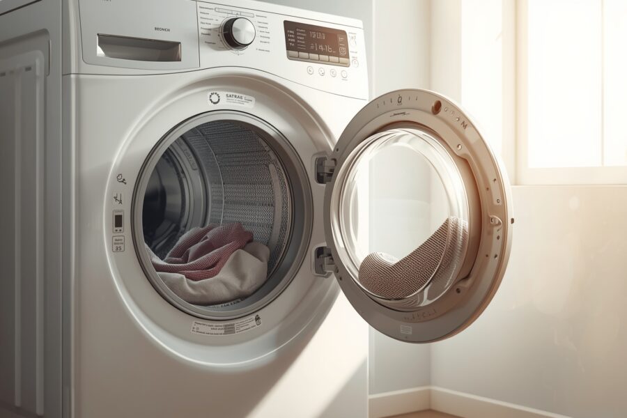 Modern laundry room with open clothes dryer showing damp clothes inside