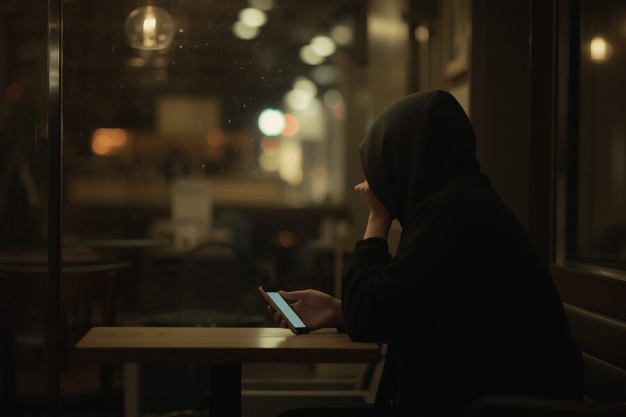 Solitary person ghosted in relationship looking at phone