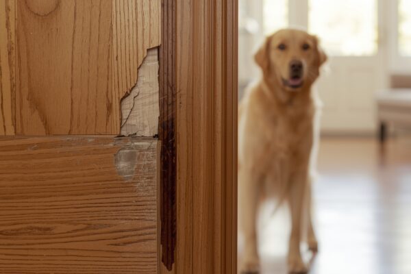 Dog-chewed wooden door repair home damage