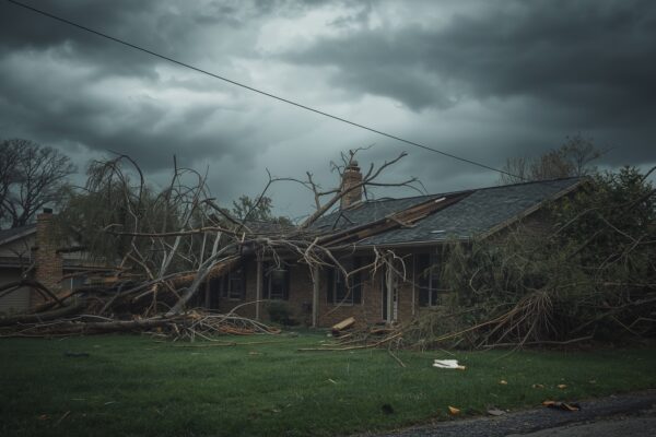 Severe windstorm damage residential home fallen branches