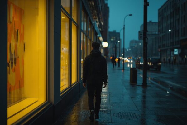 A young adult walking alone past brightly lit storefronts on a rainy city street at night
