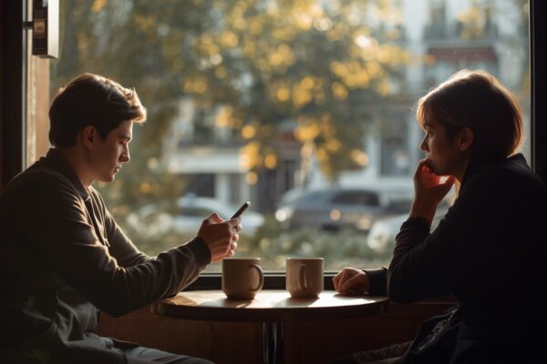 Two adults sitting at a cafe table, one looking at their phone, the other gazing out the window — a quiet evening of modern social distance