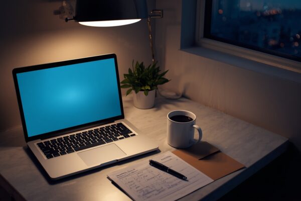 A kitchen counter at evening with an open laptop, a coffee cup, a paid utility bill and a handwritten budget on lined paper