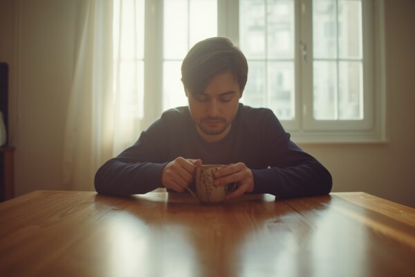 Person sitting alone at kitchen table with coffee mug morning light
