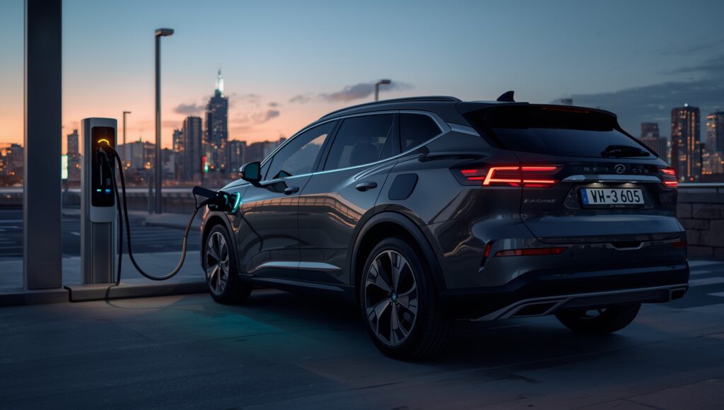 Electric vehicle EV charging station urban dusk