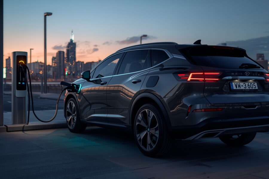 Electric vehicle EV charging station urban dusk
