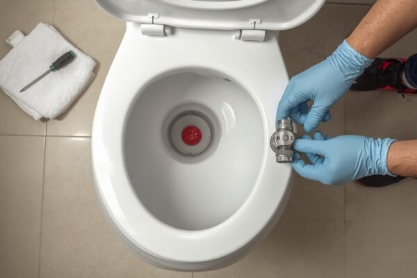 Hands in blue nitrile gloves repairing a toilet inside an open white tank, screwdriver and towel on the floor