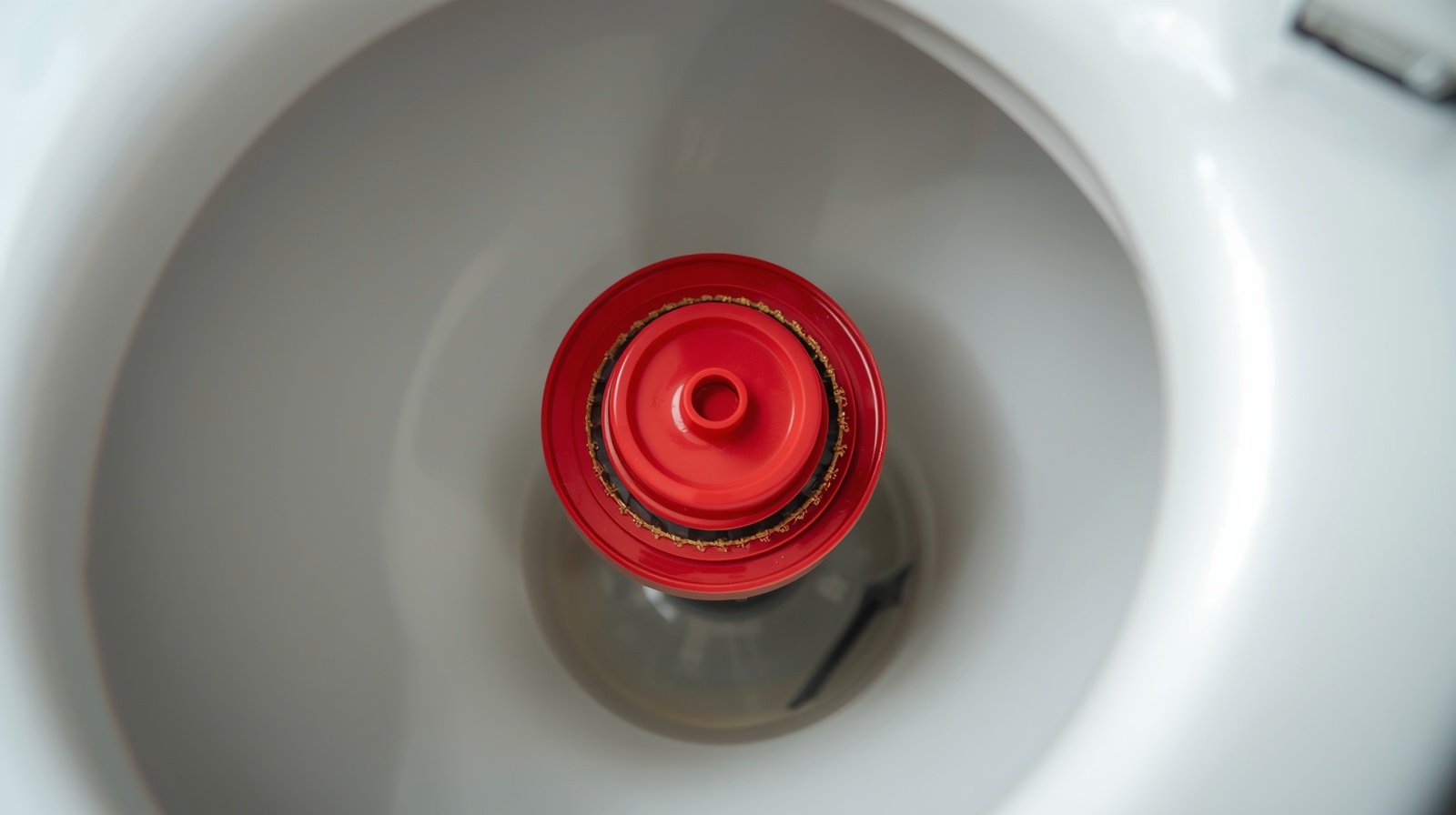 Close-up of a fresh red rubber toilet flapper installed inside an open porcelain toilet tank