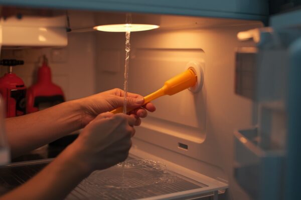 Hands flushing refrigerator defrost drain with turkey baster - DIY repair