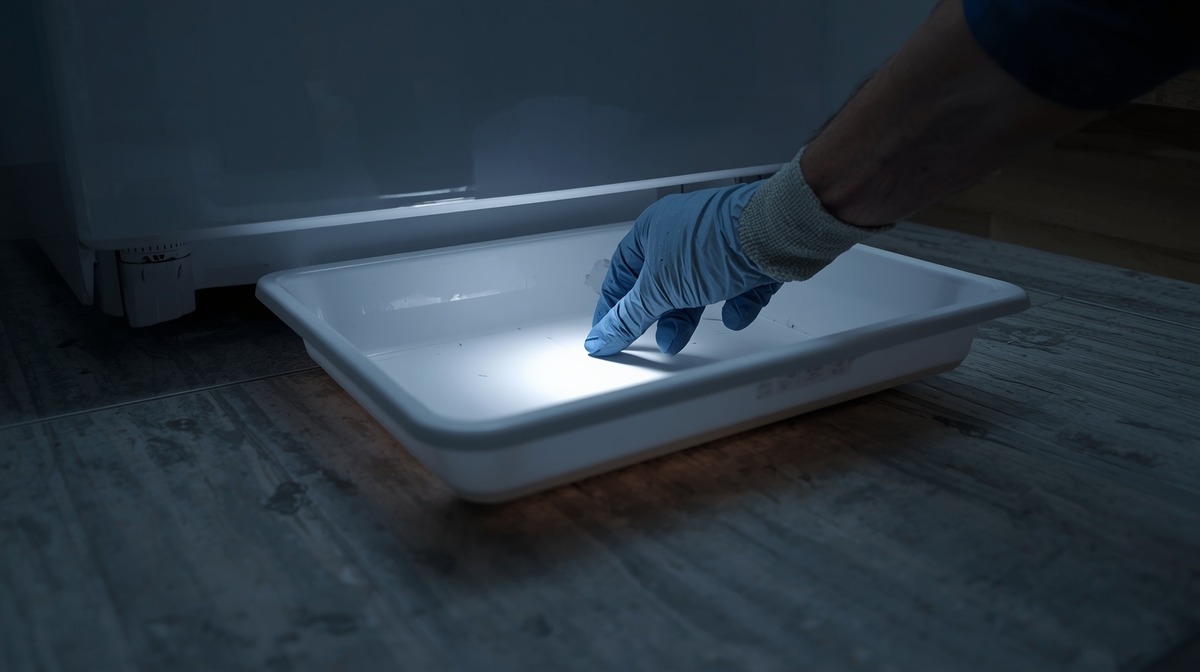 Gloved hand inspecting cracked refrigerator drain pan under flashlight - appliance repair