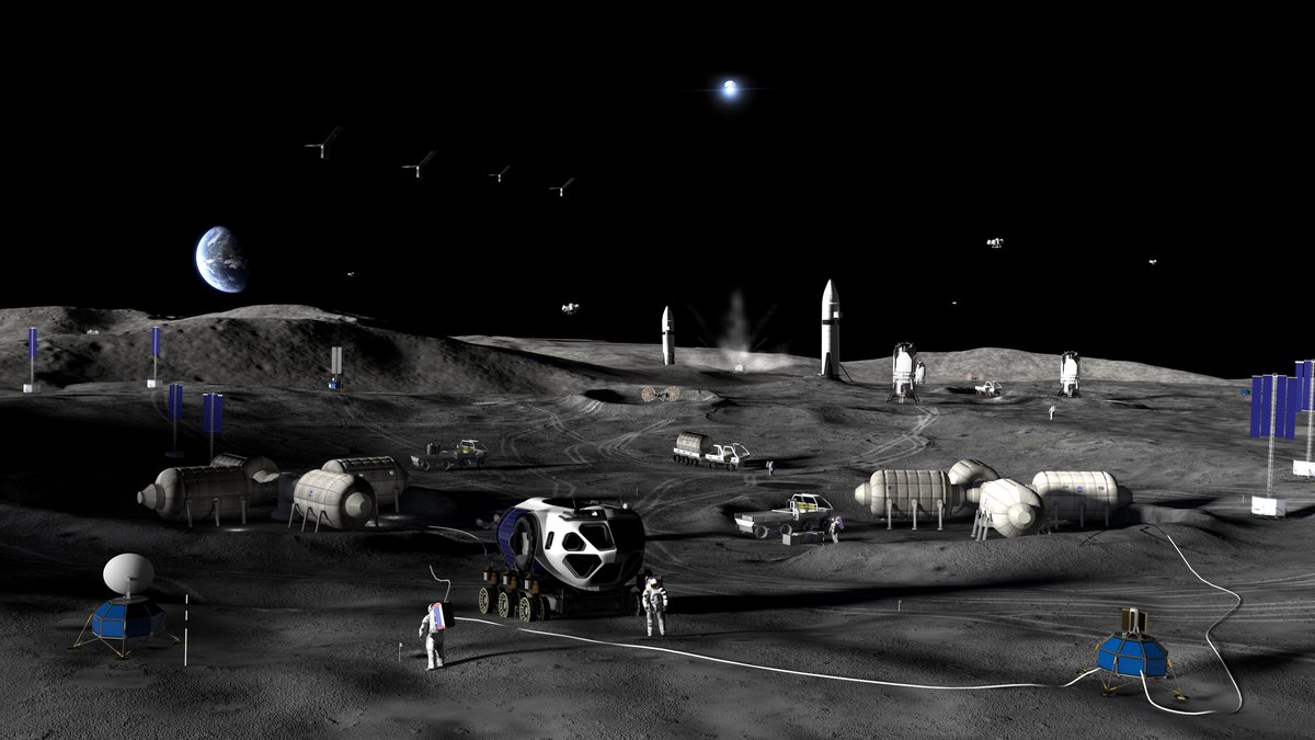 NASA artist concept of Artemis Moon Base near the lunar south pole