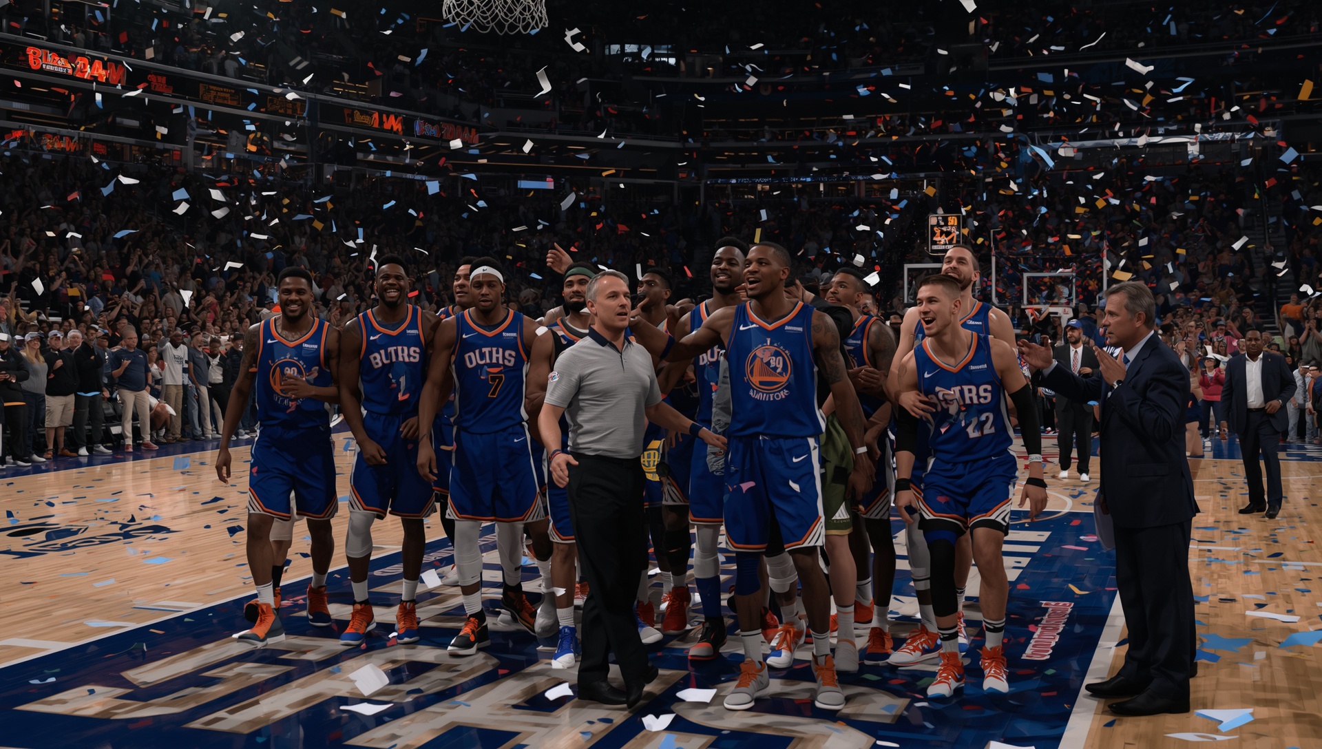 NBA basketball team celebrating playoff win confetti arena