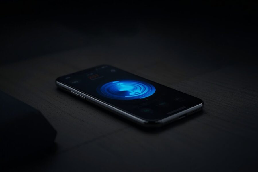 Smartphone displaying a glowing voice assistant interface on a dark desk
