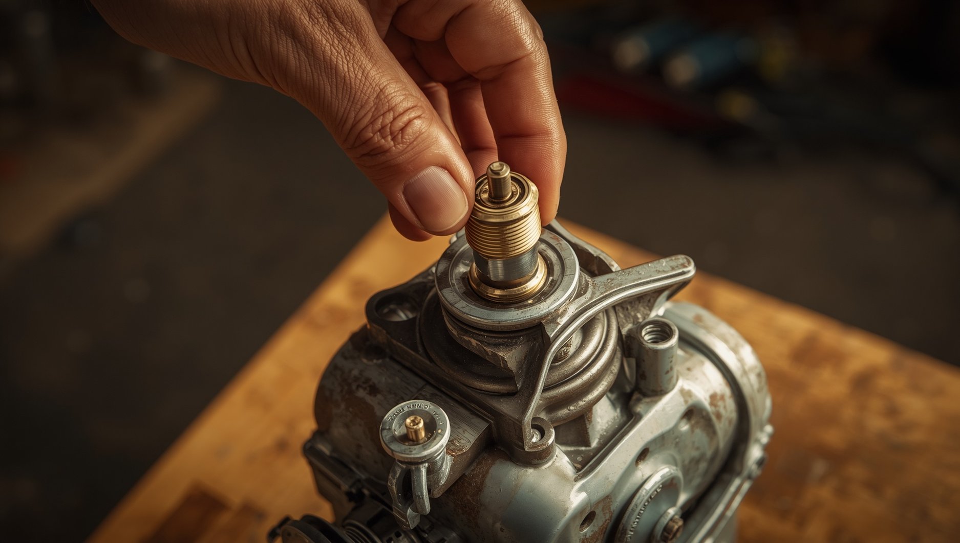 Hand inspecting a lawn mower carburetor main jet during repair