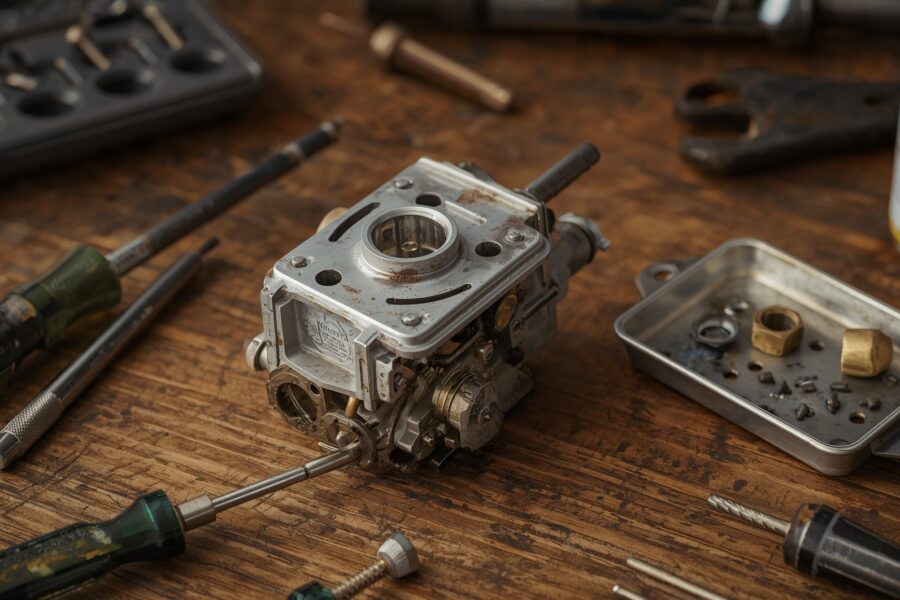 Lawn mower carburetor and repair tools laid out on a workbench