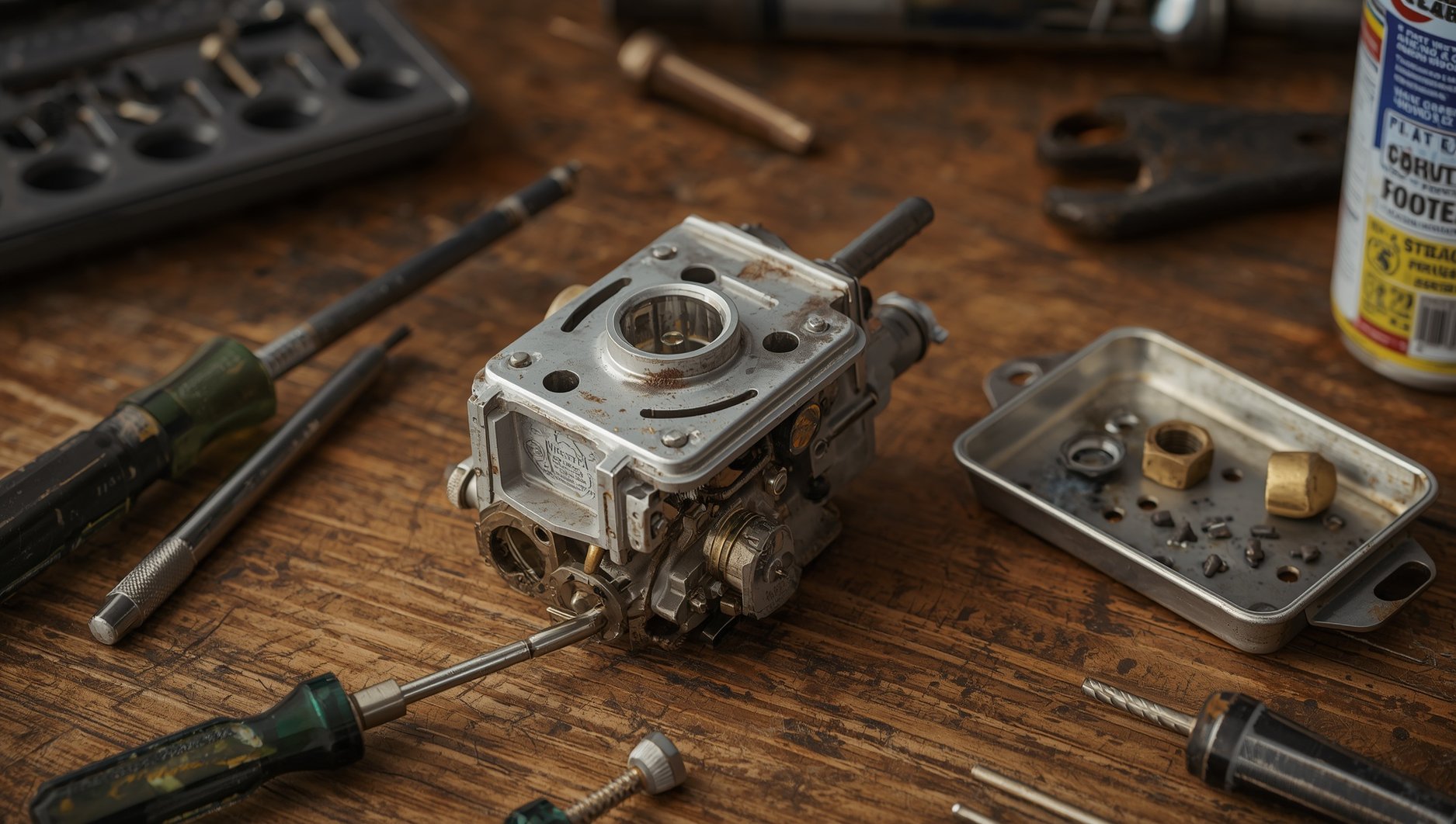 Lawn mower carburetor and repair tools laid out on a workbench