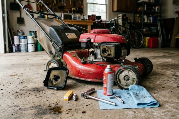 Lawn mower won't start — repair tools, carburetor cleaner and a new spark plug laid out in a garage