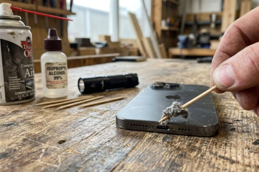 Cleaning a phone charging port with a wooden toothpick to fix a phone that wont charge