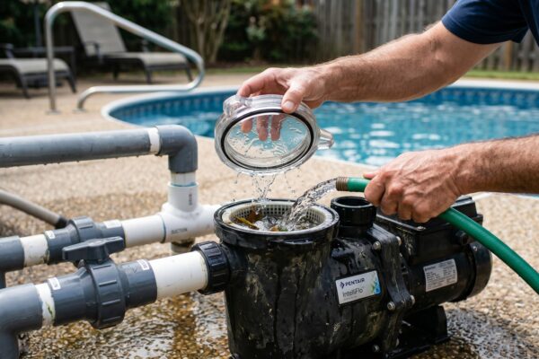 Person filling a swimming pool pump strainer basket with a garden hose to prime the pump