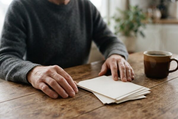 Hands resting beside unopened bills on a kitchen table, illustrating why financial anxiety builds before payday