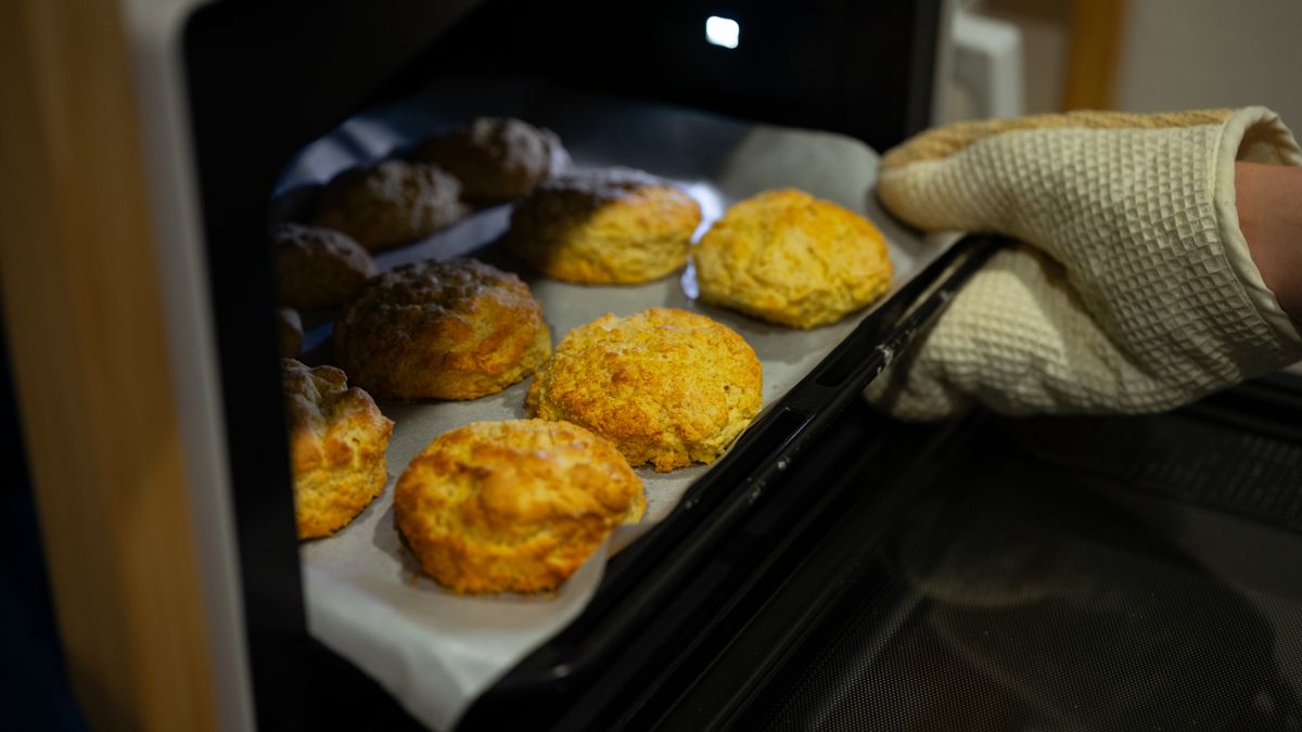 Baking tray coming out of a hot oven, checking heating performance